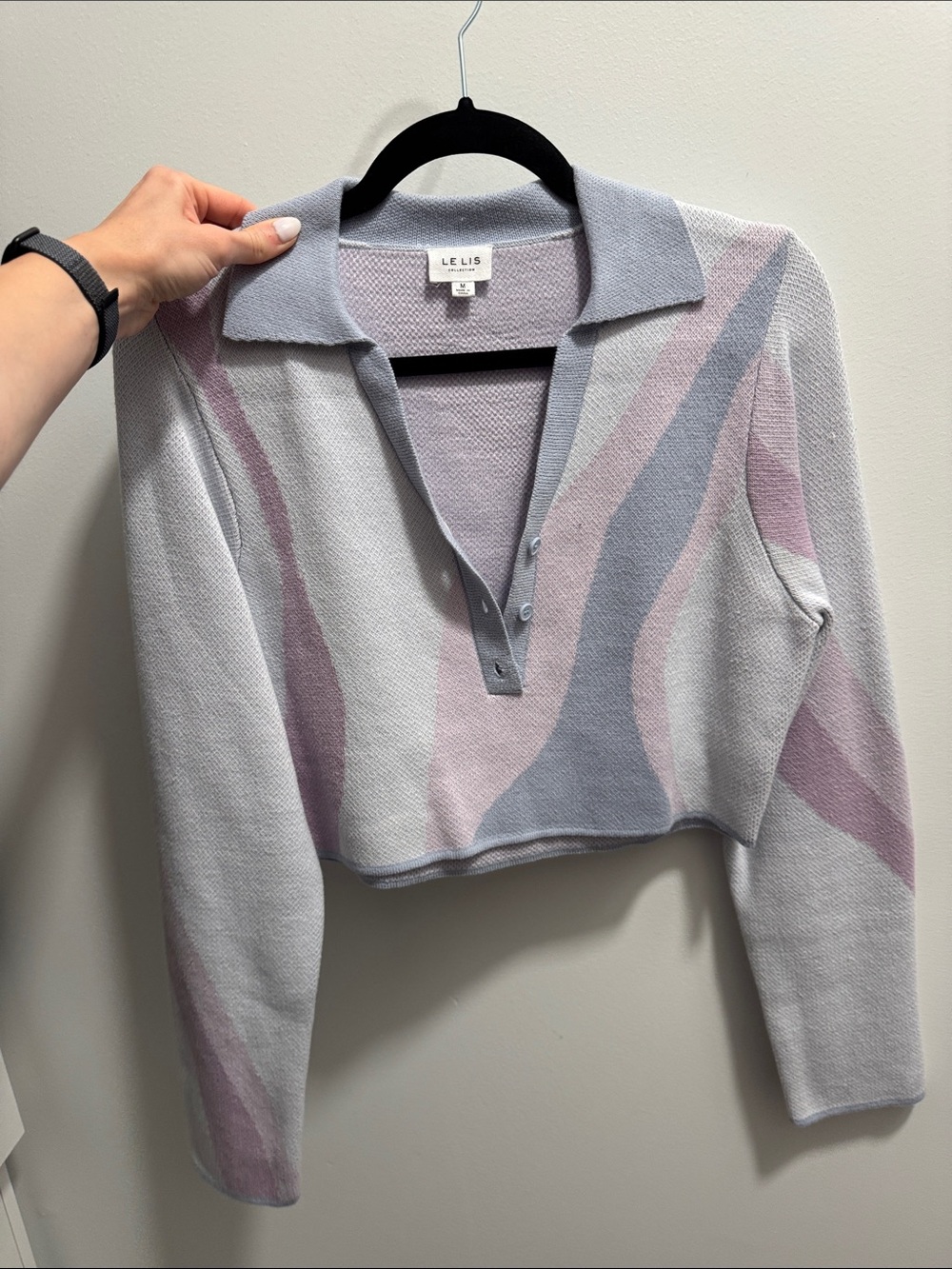 Le Lis Collared Cropped Wave Knit Sweater - Light Gray, Pink & Lavender